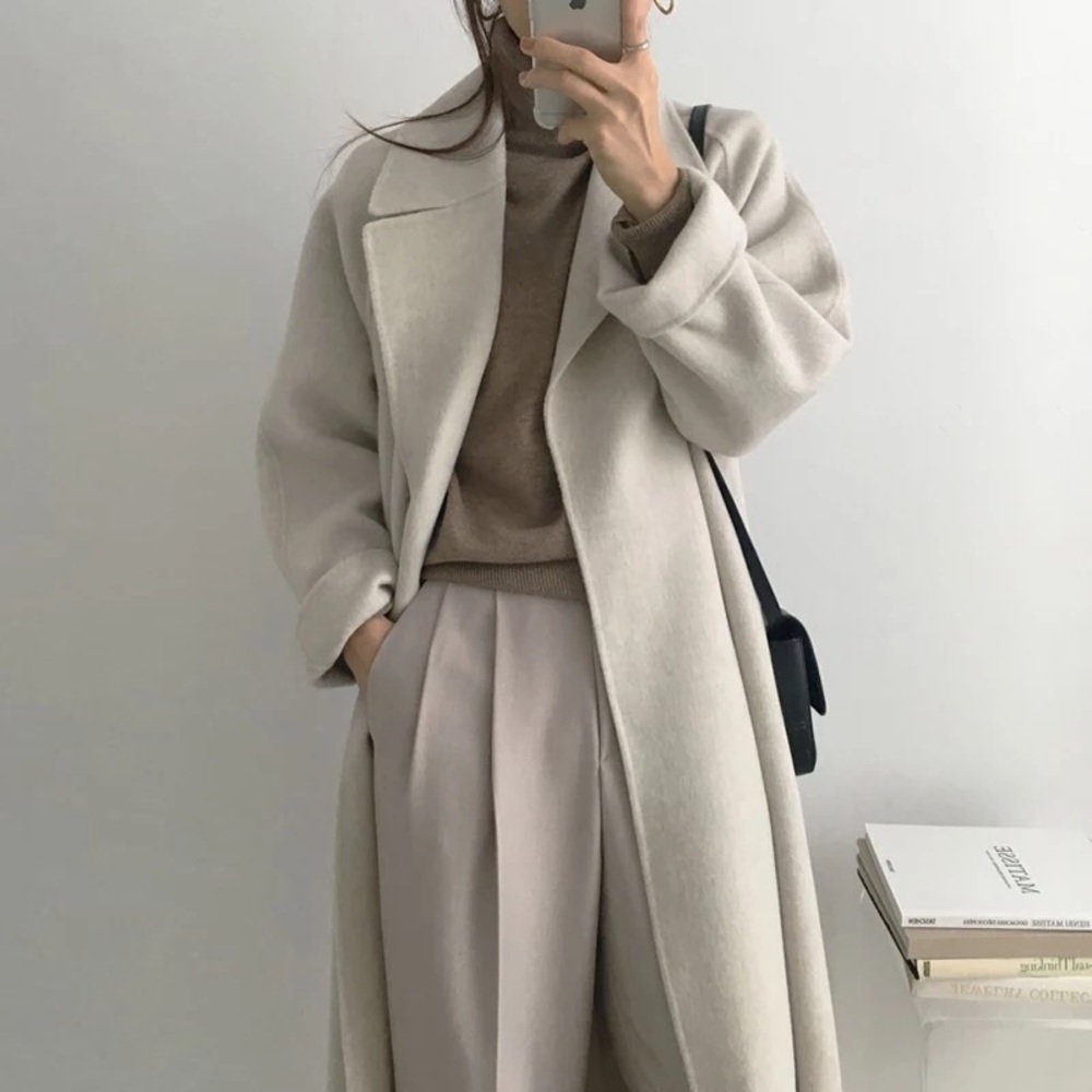 Wool coat long Heather Gray womens belted collar jacket - Picture 5 of 6